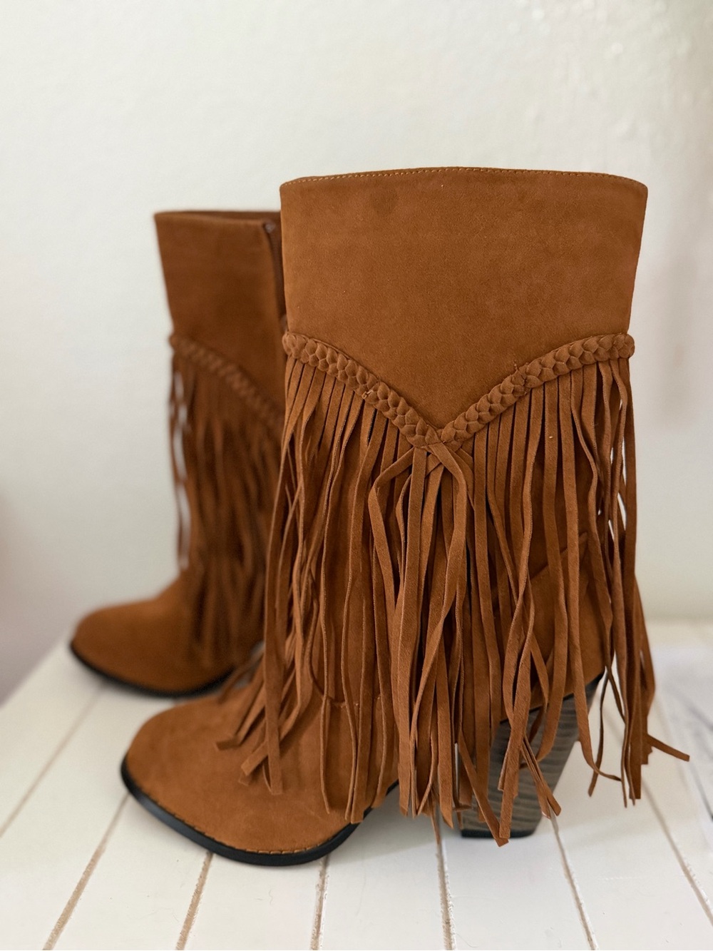 American Exchange Fringe Suede Mid-Calf Boots in Brown